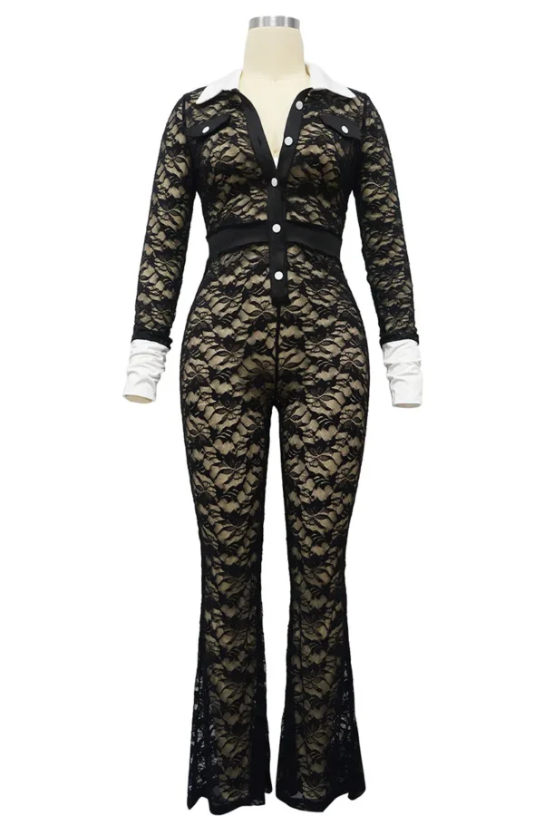 Black Sexy Lace Buckle See-through Contrast Turndown Collar Skinny Jumpsuits