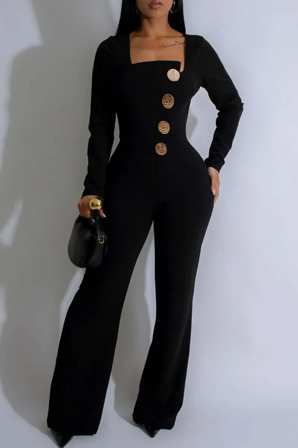 Casual Buttons Square Neck Regular Jumpsuits