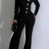 Casual Buttons Square Neck Regular Jumpsuits