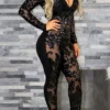 Black Sexy Hollowed Out Sequins See-through V Neck Skinny Jumpsuit