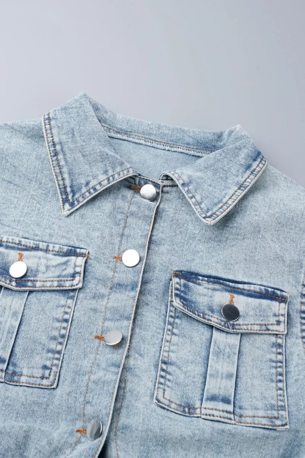 Blue Sweet Pocket Frenulum Buckle Turndown Collar Regular Jumpsuits