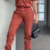 Casual Pocket Buckle Turndown Collar Long Sleeve Vacation Jumpsuits