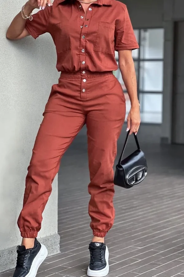 Casual Pocket Buckle Turndown Collar Long Sleeve Vacation Jumpsuits