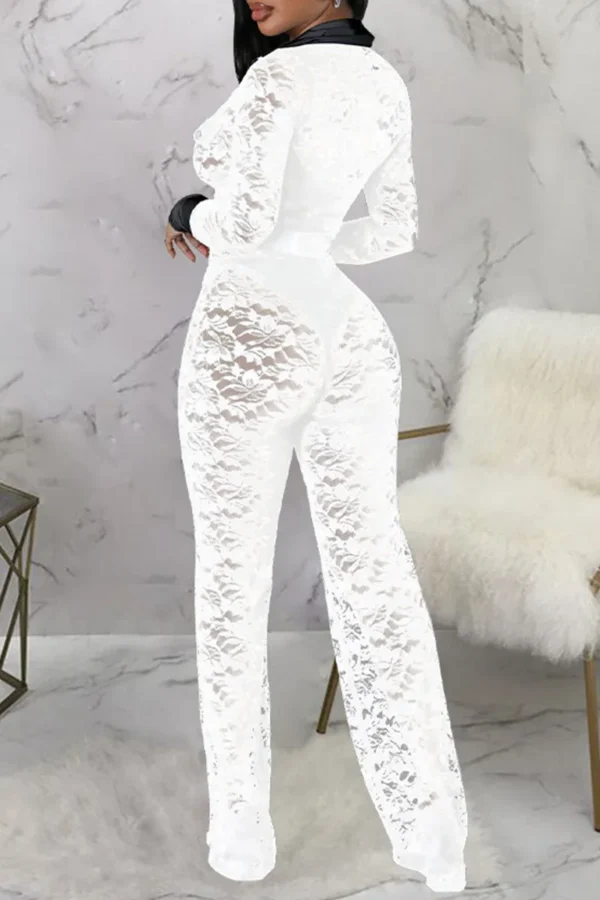 Black Sexy Lace Buckle See-through Contrast Turndown Collar Skinny Jumpsuits