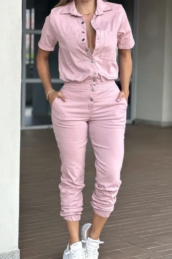Casual Pocket Buckle Turndown Collar Long Sleeve Vacation Jumpsuits