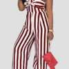 Casual Bow Decor Stripe Backless Loose Vacation Wide Leg Jumpsuits