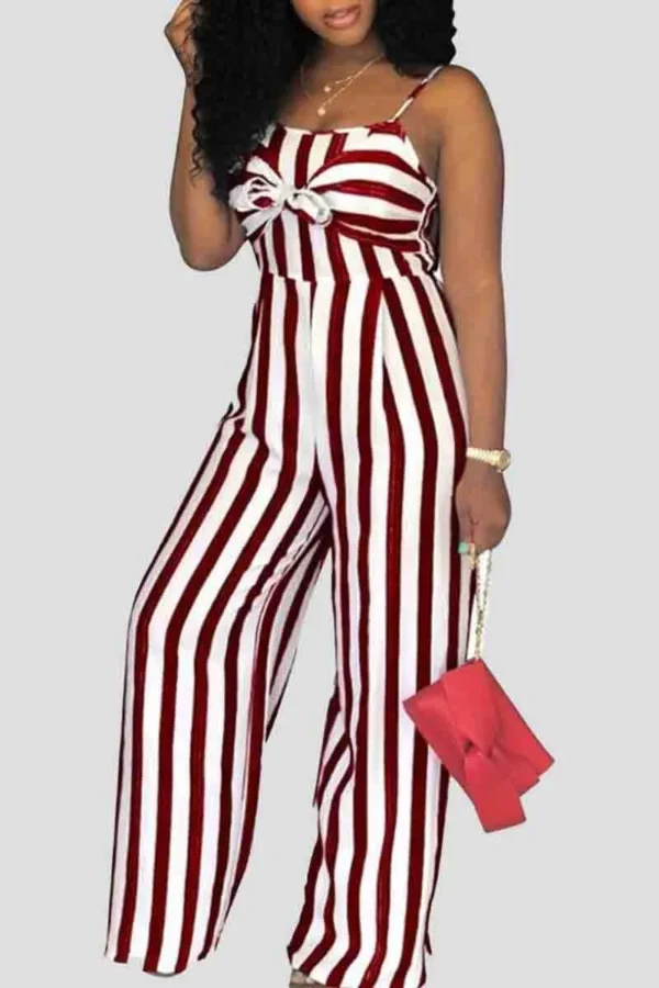 Casual Bow Decor Stripe Backless Loose Vacation Wide Leg Jumpsuits
