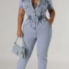 Blue Sweet Pocket Frenulum Buckle Turndown Collar Regular Jumpsuits
