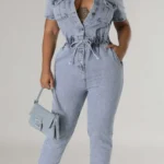 Blue Sweet Pocket Frenulum Buckle Turndown Collar Regular Jumpsuits