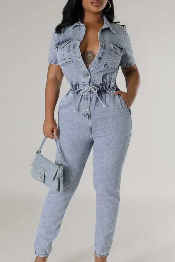 Blue Sweet Pocket Frenulum Buckle Turndown Collar Regular Jumpsuits
