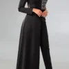 Black Elegant Sequins Zipper V Neck Regular Jumpsuits