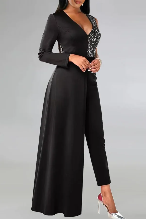 Black Elegant Sequins Zipper V Neck Regular Jumpsuits