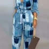Casual Buckle Strap Design Turndown Collar Long Sleeve Vacation Jumpsuits