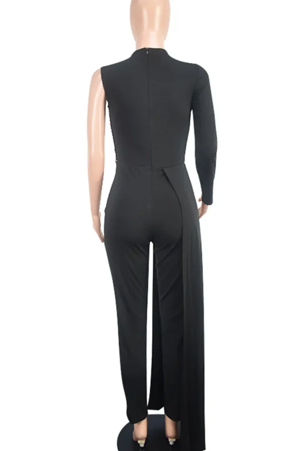 Black Elegant Sequins Zipper V Neck Regular Jumpsuits
