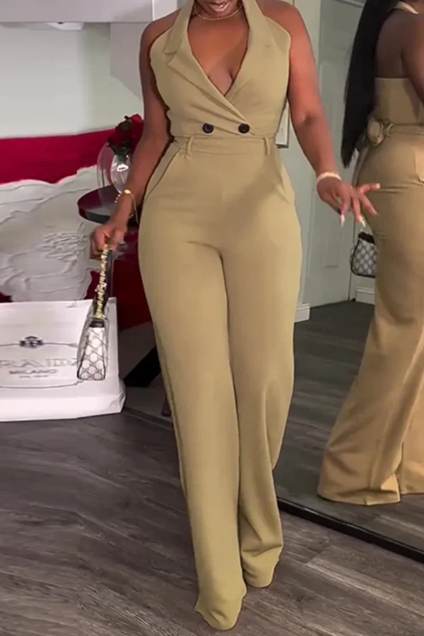 Sweet Buttons V Neck Regular Jumpsuits