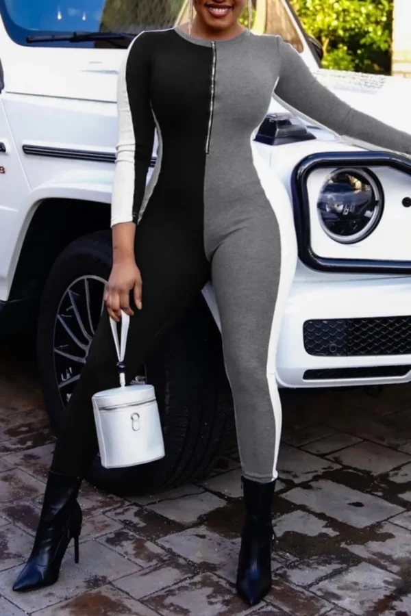 Black Casual Basic O Neck Skinny Jumpsuits