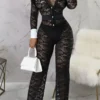 Black Sexy Lace Buckle See-through Contrast Turndown Collar Skinny Jumpsuits