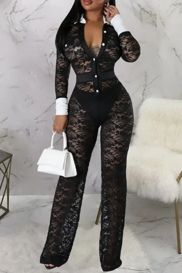 Black Sexy Lace Buckle See-through Contrast Turndown Collar Skinny Jumpsuits
