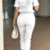 Casual Pocket Buckle Turndown Collar Long Sleeve Vacation Jumpsuits