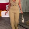 Sweet Buttons V Neck Regular Jumpsuits