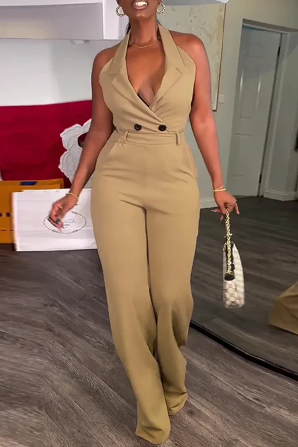 Sweet Buttons V Neck Regular Jumpsuits