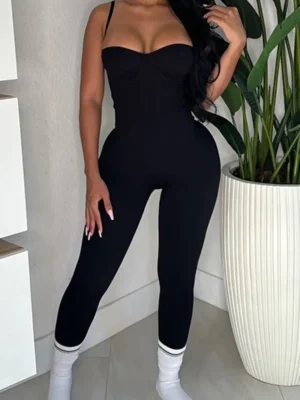 Black Casual Backless Spaghetti Strap Skinny Jumpsuit