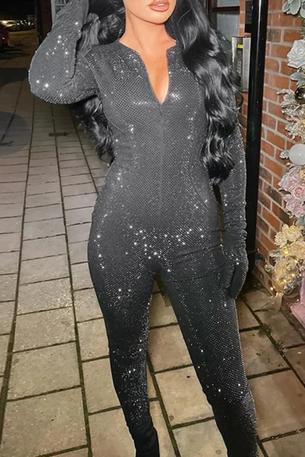 Black Casual Sequins Zipper Collar Skinny Jumpsuits