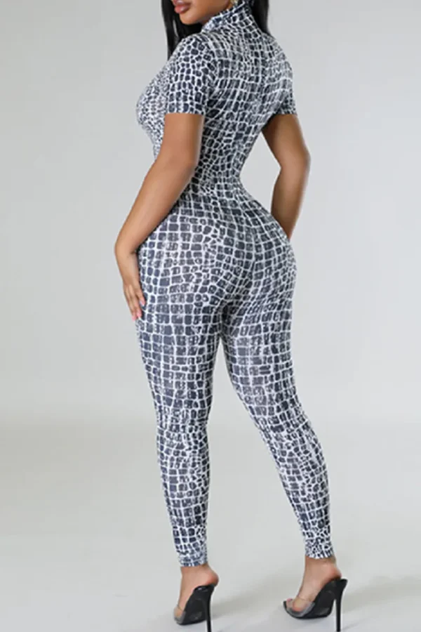 Black Casual Zipper O Neck Skinny Jumpsuits