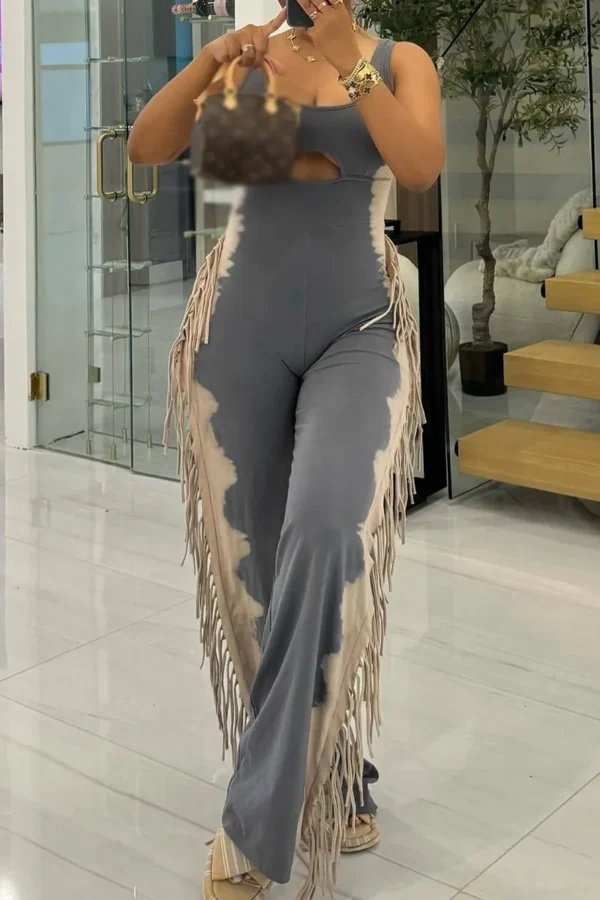 Casual Fringed Trim Hollow Out U Neck Loose Jumpsuit