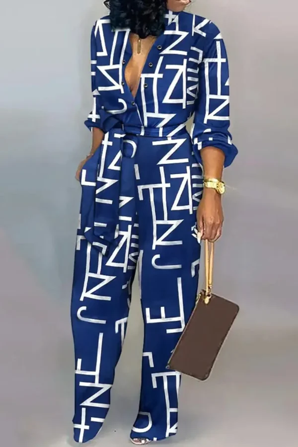 Casual Buckle Strap Design Turndown Collar Long Sleeve Vacation Jumpsuits