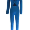 Blue Casual Hollow Out Ruched Asymmetrical Collar Regular Jumpsuits