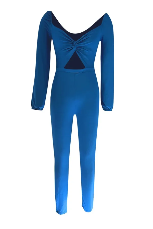 Blue Casual Hollow Out Ruched Asymmetrical Collar Regular Jumpsuits