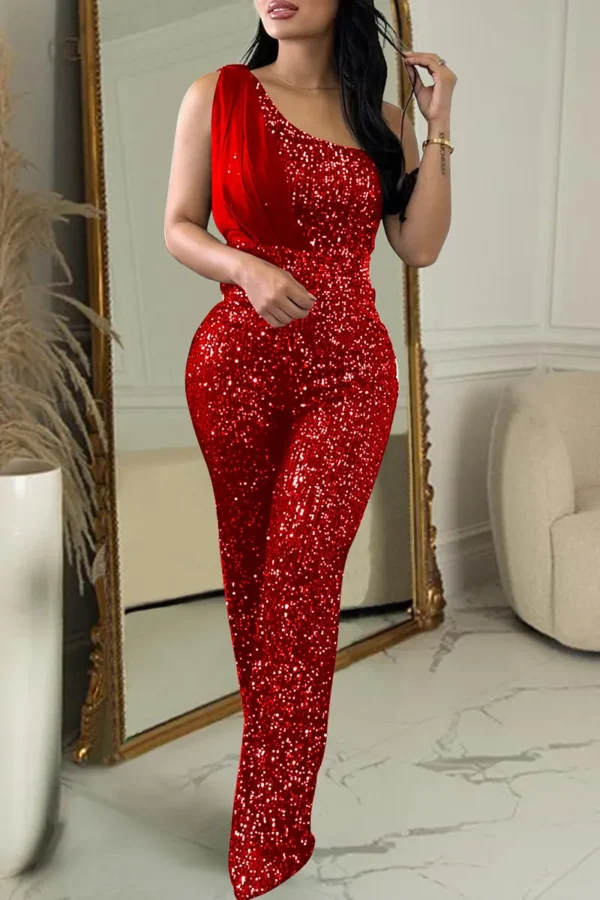 Casual Sequins Backless Oblique Collar Skinny Jumpsuit