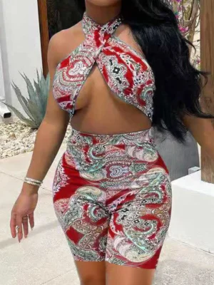 Fashion Sexy Print Hollowed Out Backless Halter Skinny Romper