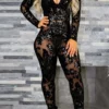 Black Sexy Hollowed Out Sequins See-through V Neck Skinny Jumpsuit