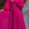 Deep V Neck Lantern Sleeve Ruched Formal Party Loose Wide Leg Jumpsuit