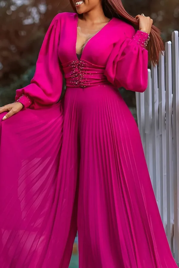 Deep V Neck Lantern Sleeve Ruched Formal Party Loose Wide Leg Jumpsuit