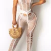 Sexy Hollow Out See-Through O Neck Regular Jumpsuits