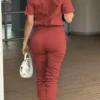 Casual Pocket Buckle Turndown Collar Long Sleeve Vacation Jumpsuits