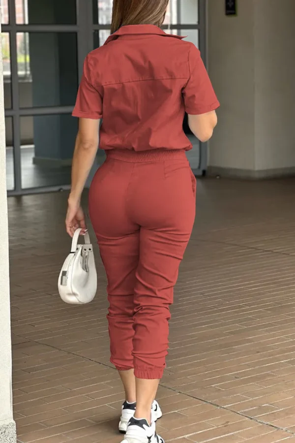 Casual Pocket Buckle Turndown Collar Long Sleeve Vacation Jumpsuits