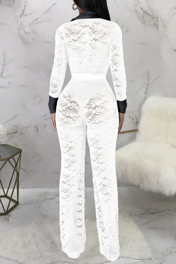 Black Sexy Lace Buckle See-through Contrast Turndown Collar Skinny Jumpsuits
