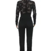 Casual Lace See-through With Belt Zipper V Neck Regular Jumpsuits