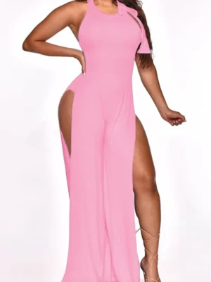 Sexy Backless Cross Straps Slit O Neck Skinny Jumpsuits