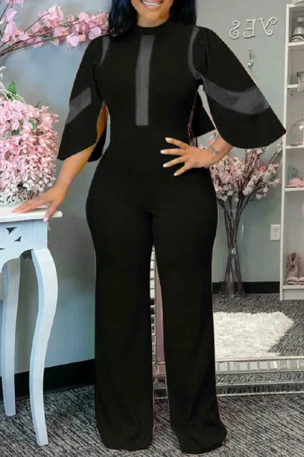Fashion Casual See-through Half Turtleneck Regular Jumpsuits