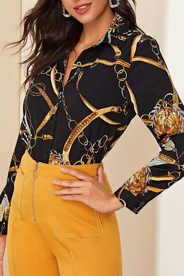 Print Buckle Turndown Collar Tops