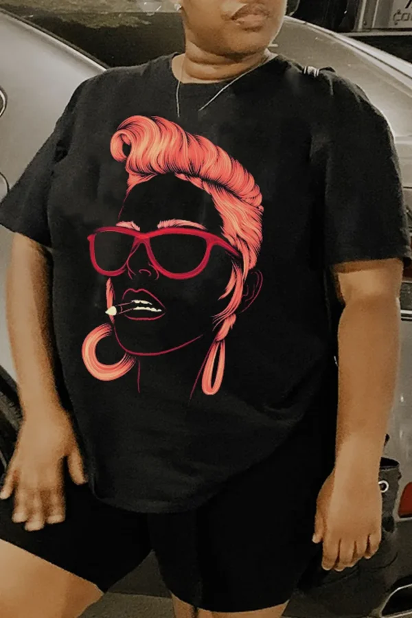 Black Daily Vintage Print O Neck T-Shirts