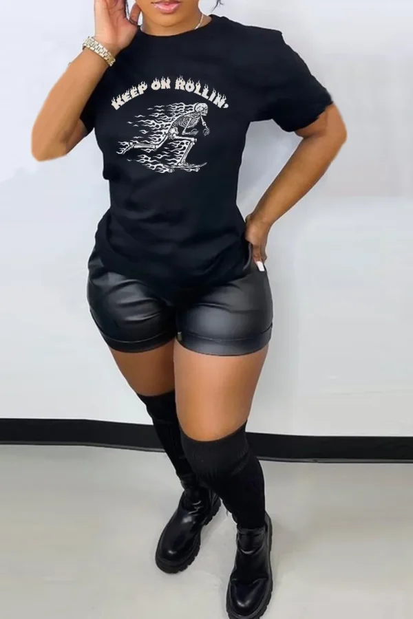 Black Casual Skull Letter Print O Neck T-Shirts
