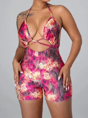 Sexy Print Backless Halter Skinny Rompers