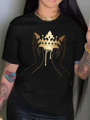 Black Casual crown Print O Neck T-Shirts