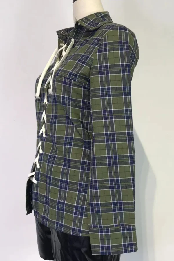 Plaid Print Hollowed Out Turndown Collar Tops